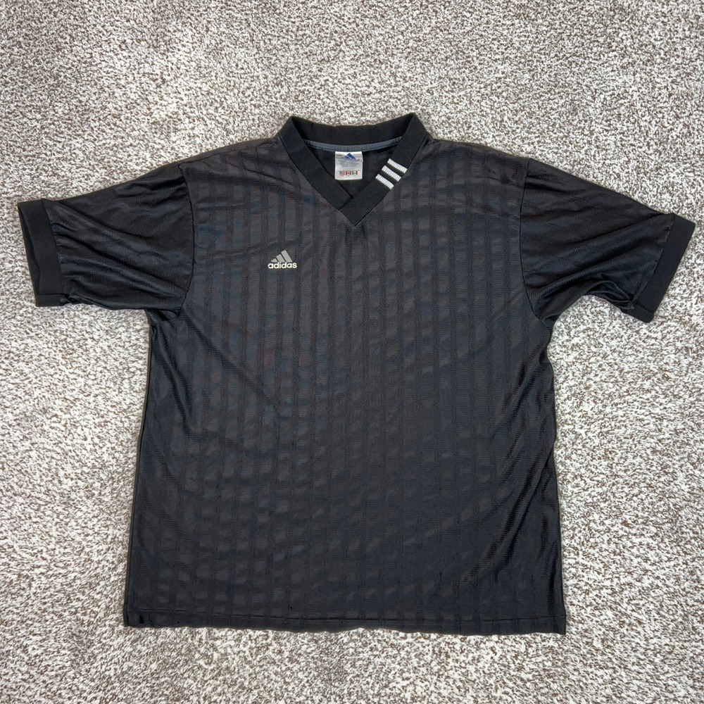 Vintage Adidas Shirt Men Medium Black V Neck Striped Mesh Athletic Soccer Jersey
